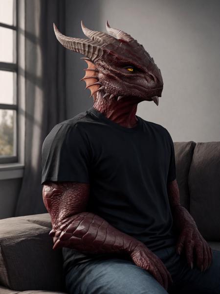 31897-1314344653-dragonborn _(dnd_), (red body), yellow eyes, male, (fins), t-shirt, fully clothed, room, modern, (sofa), sitting, indoor, detail.png